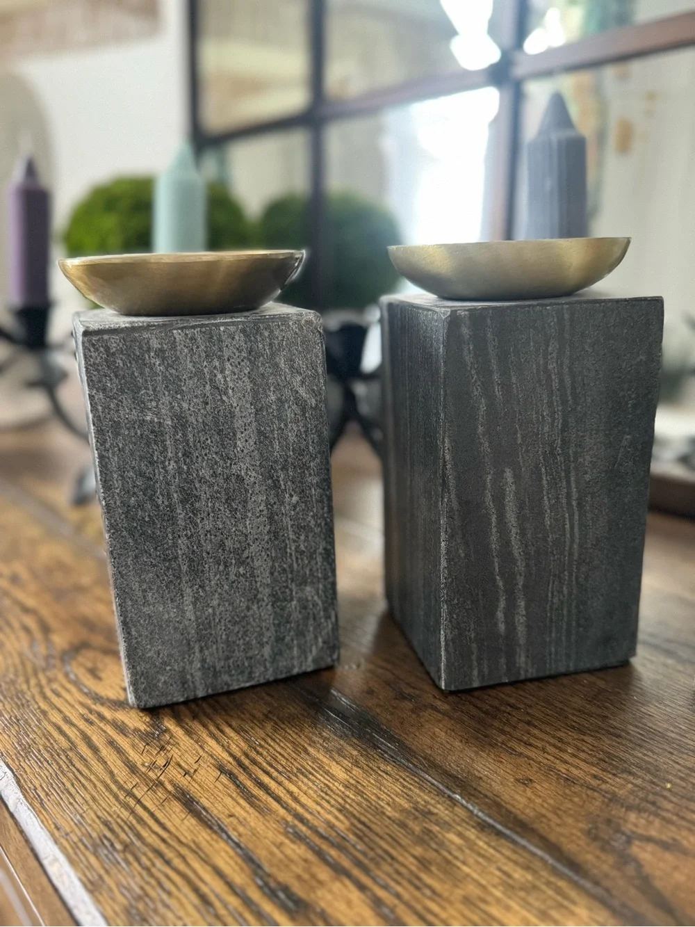 Crate &Barrel ~ 1/ Sain Marble Pillar Candle Holder 7”